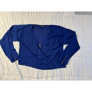 Bebe Blouson Wrap Top Office Career Blue Gold Zipper Blouse